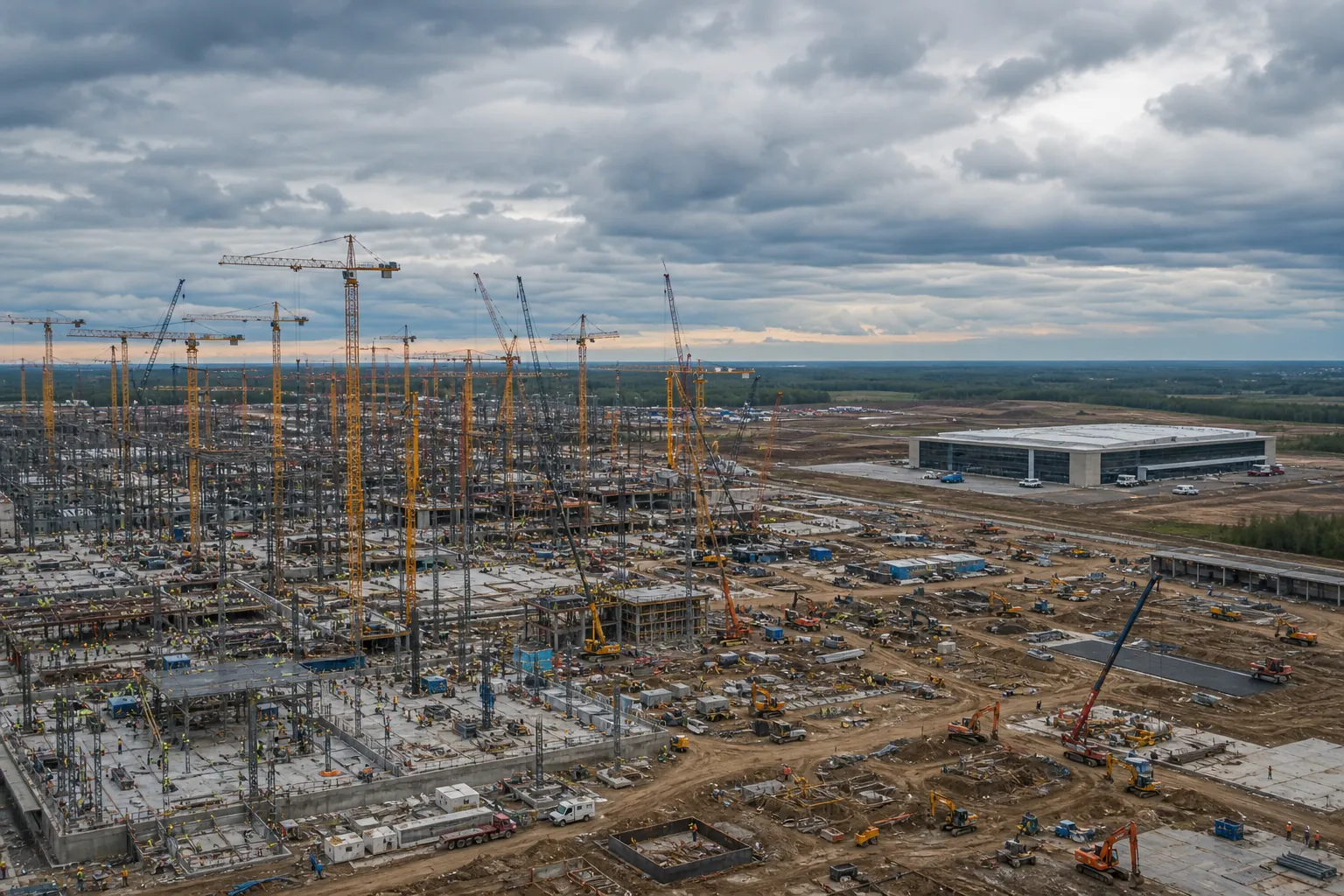 A vast AI data center construction site with cranes, steel frames, excavators and a small finished facility in the distance
