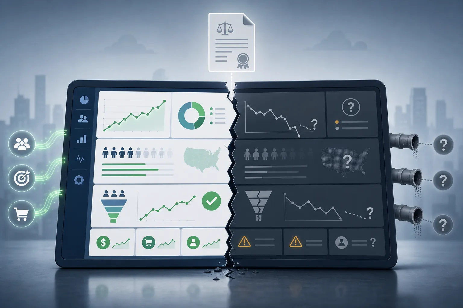 Divided campaign dashboard with broken reporting and disconnected data-flow indicators