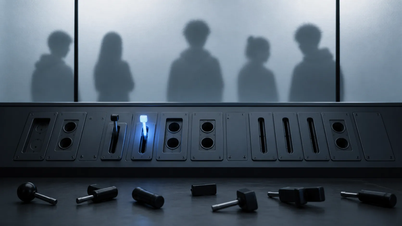 Minimalist ad control panel with removed targeting levers and featureless young audience silhouettes behind frosted glass