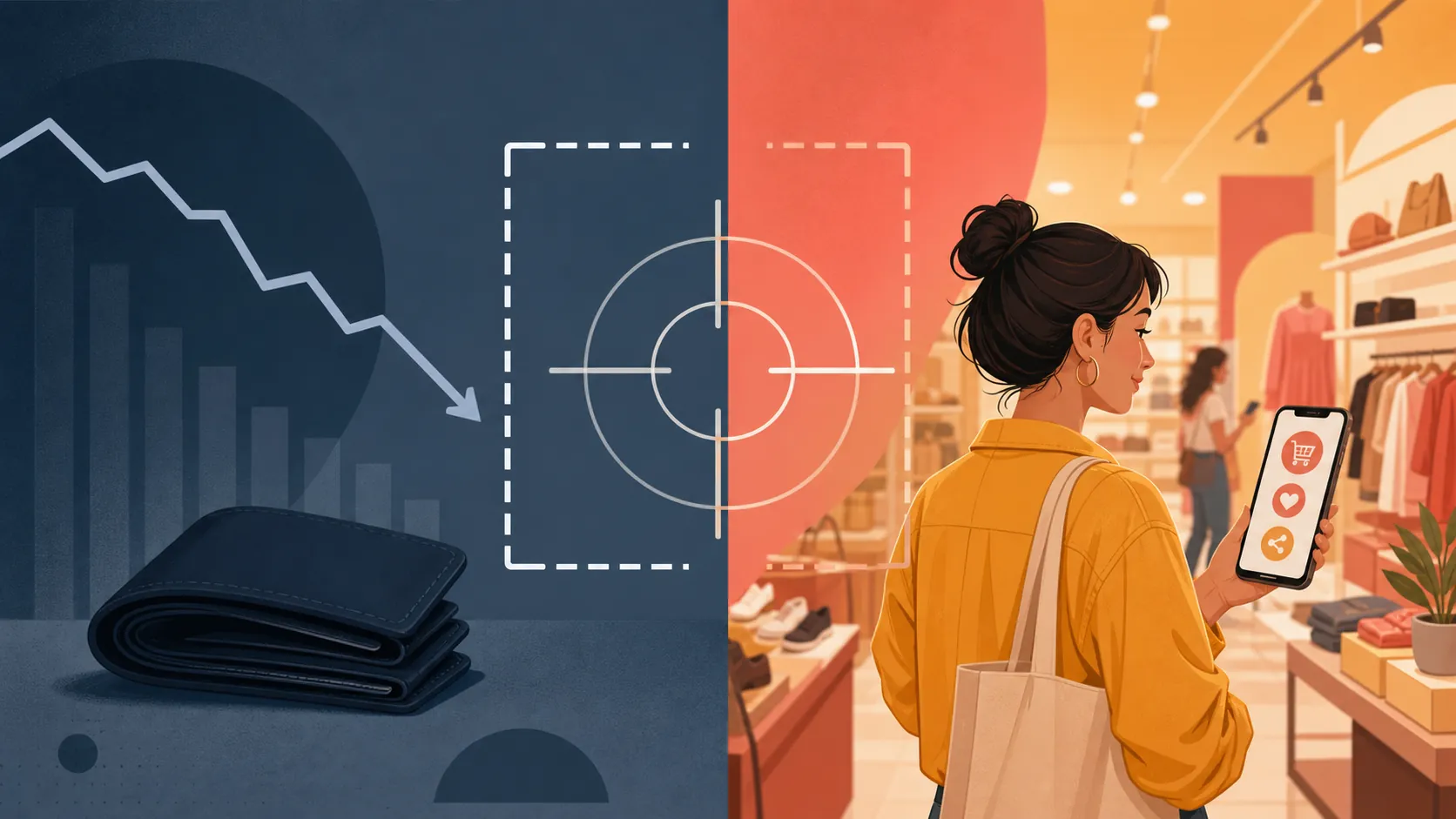 Split illustration of contracting Gen Z spending and social in-store shopping with a misaligned targeting reticle