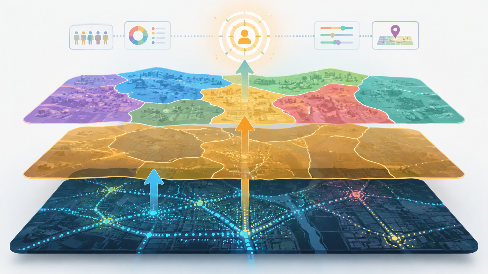 Layered city map showing foot traffic analytics, trade area boundaries, psychographic zones, and a targeting interface