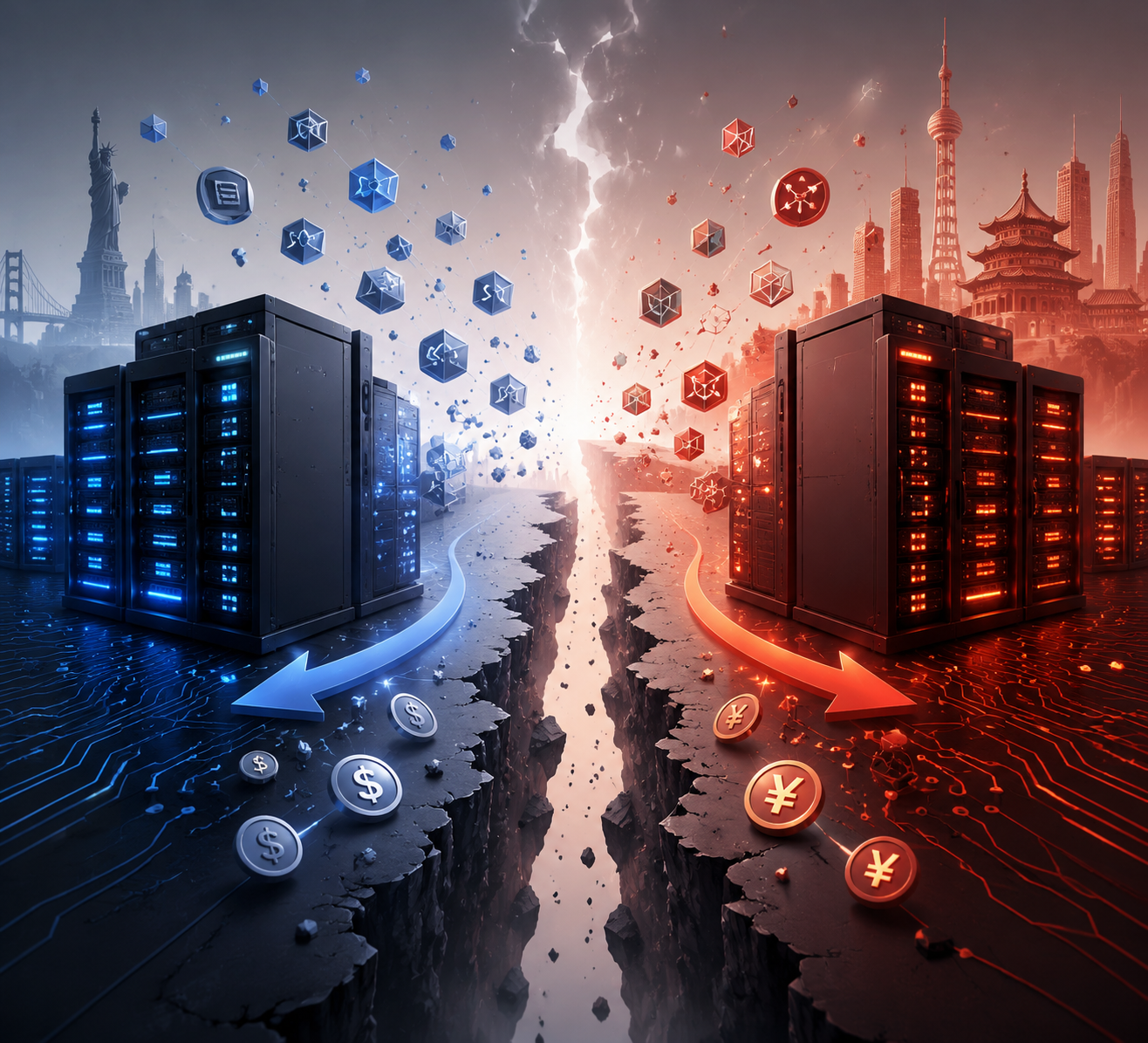 Two diverging server stack silhouettes representing Western and Chinese AI infrastructure ecosystems