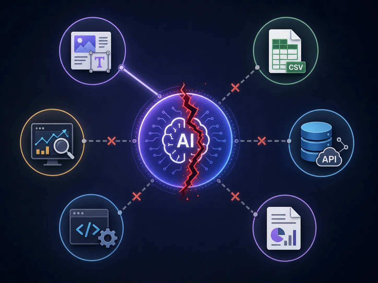 System diagram showing a cracked AI service node connected to stalled paid-ad workflows