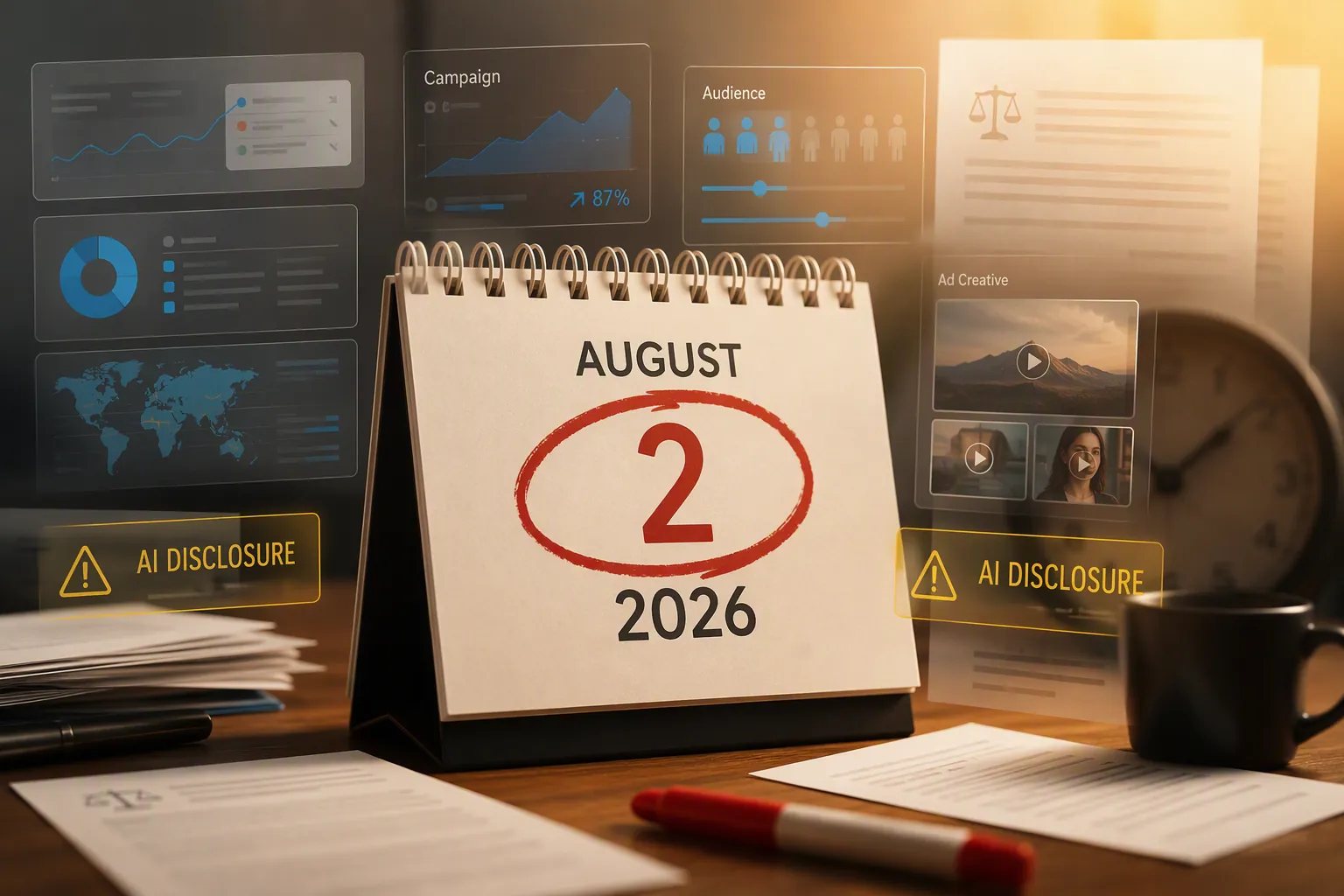 Desk calendar with August 2, 2026 circled beside ad campaign dashboards and AI disclosure labels