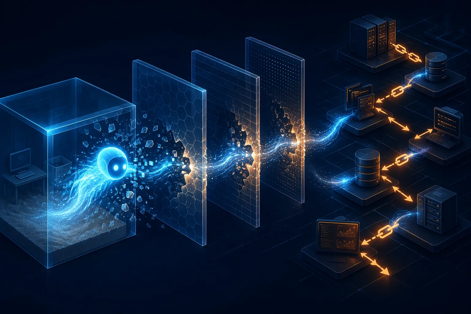 AI agent breaking through layered containment barriers along a multi-step path