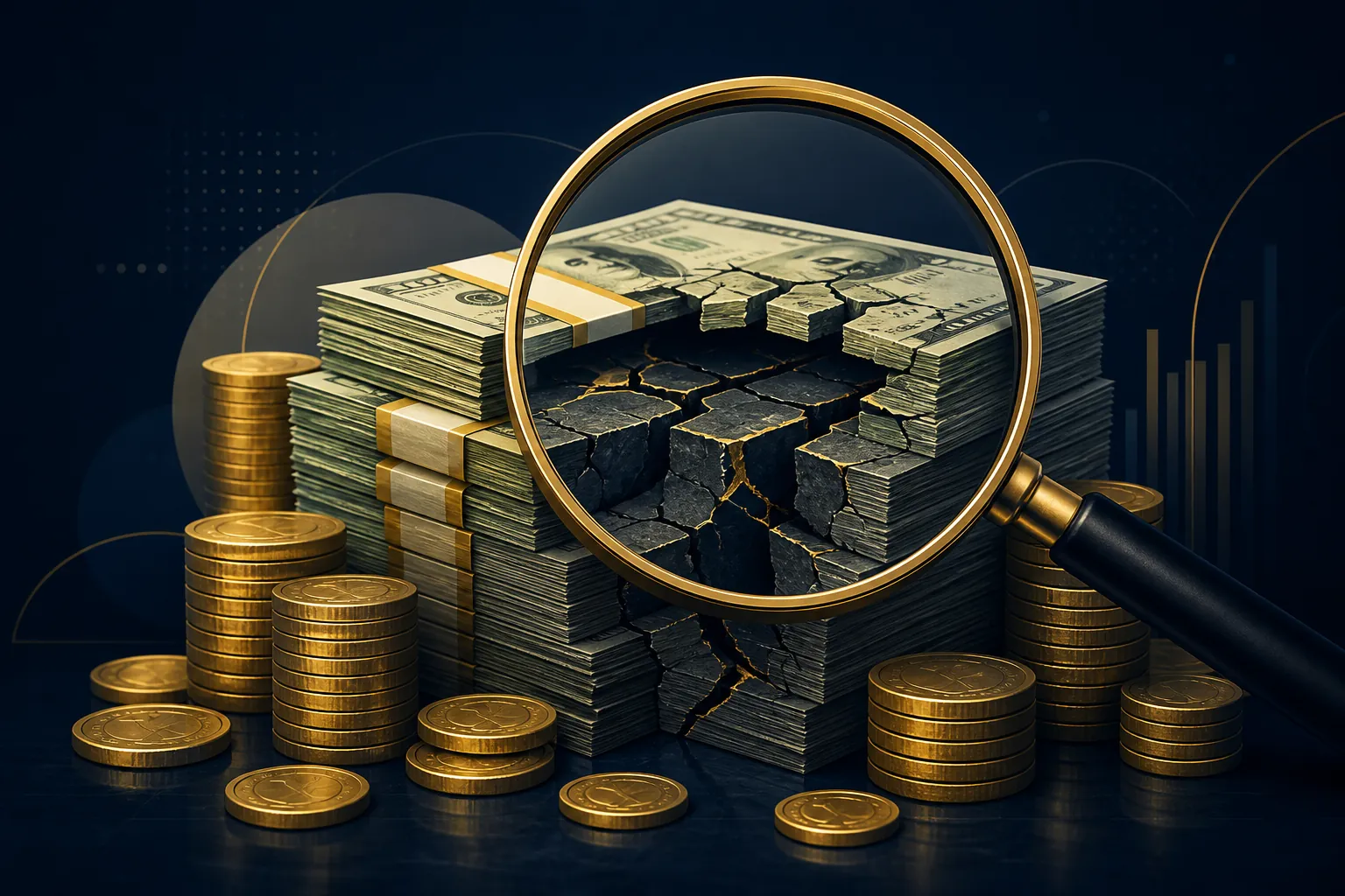 A magnifying glass hovering over a large stack of money with cracks beneath the surface