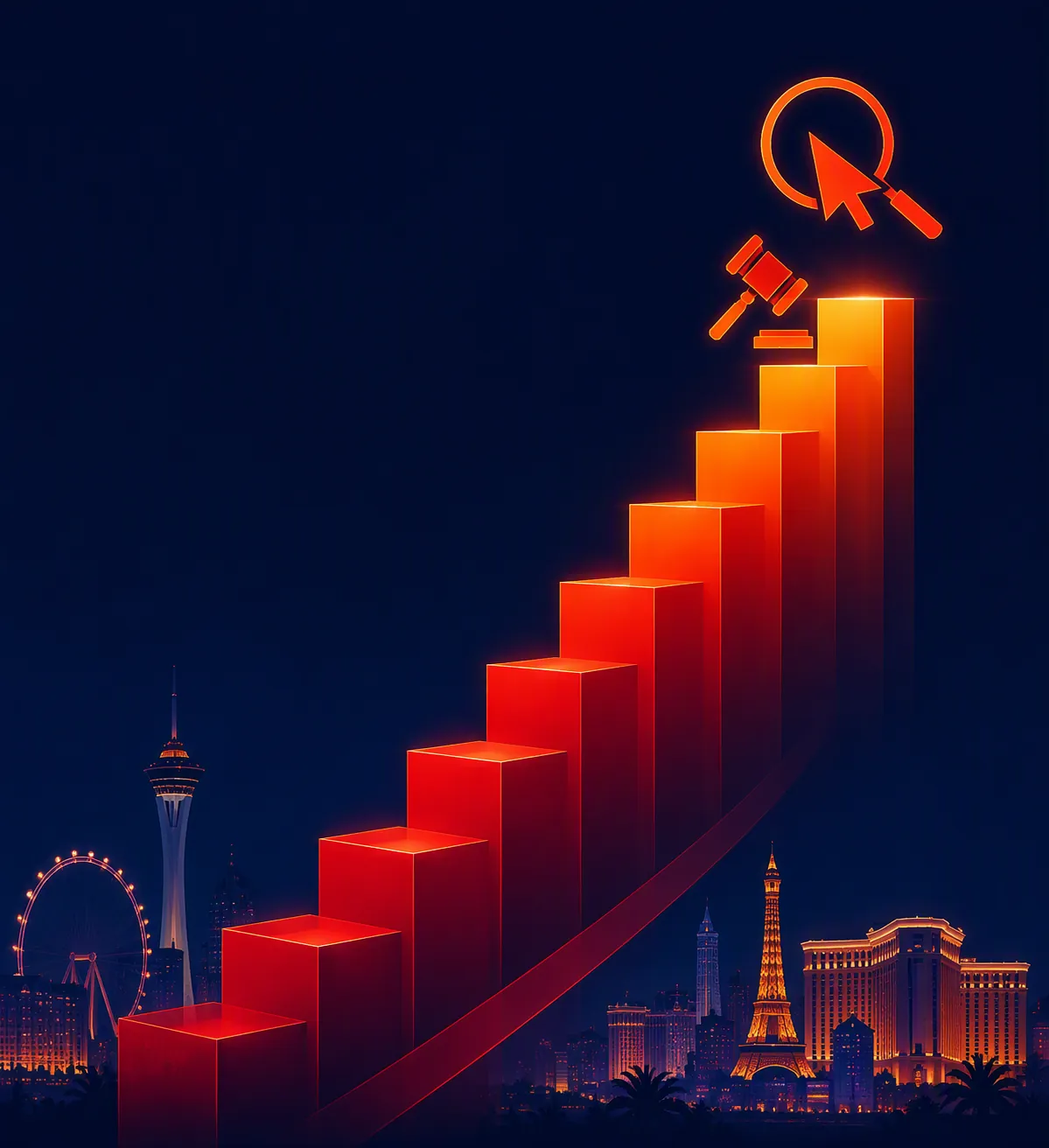 Steep cost bars rising above a Las Vegas skyline to represent escalating legal keyword auction costs