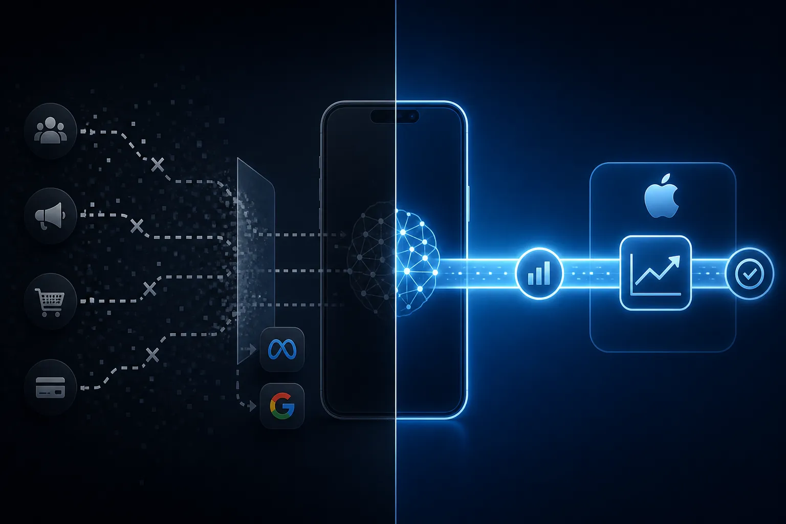 split illustration showing fragmented third-party measurement beside a stronger Apple Ads first-party signal path