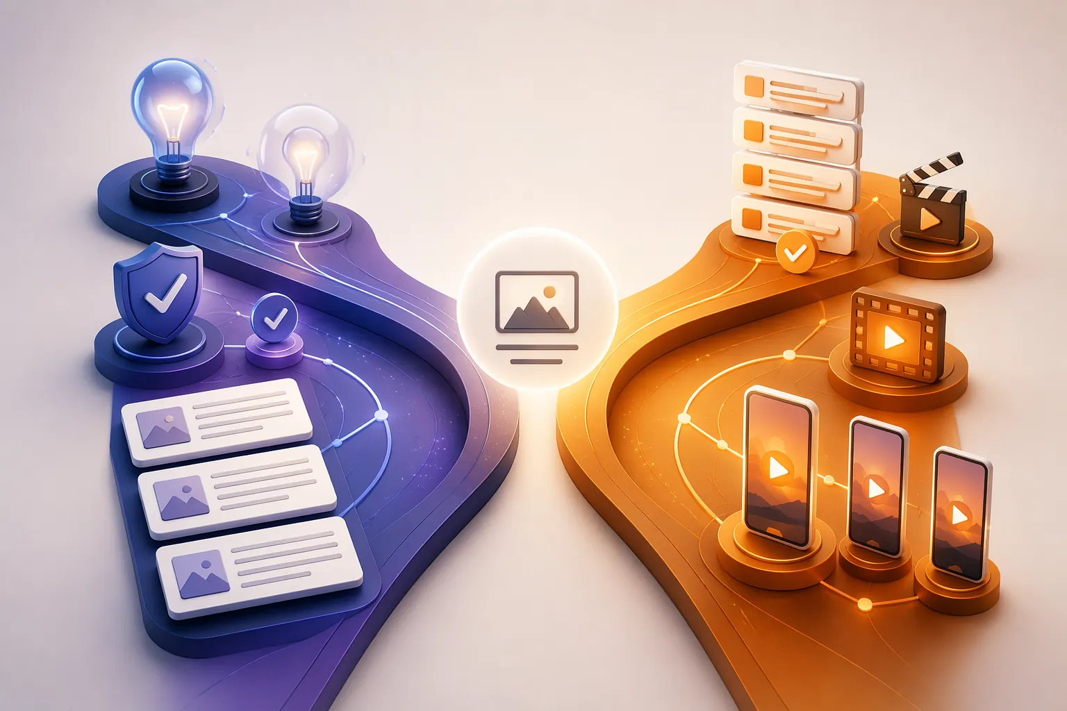 A central entry point branches into two creative work streams for concept and compliance work versus variant and video production
