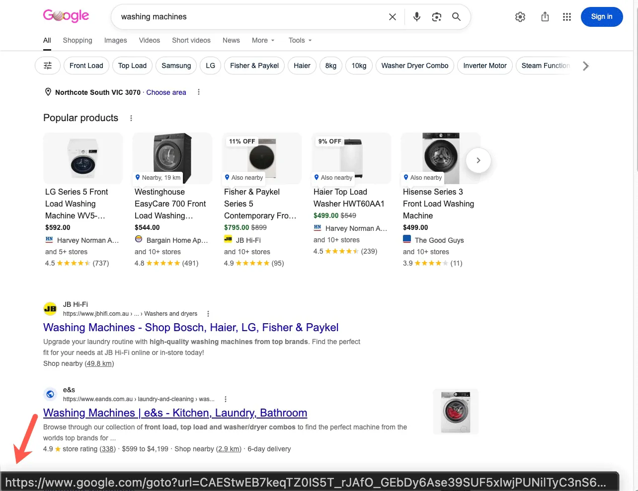 Search Engine Roundtable screenshot showing Google result links rewritten with a google.com/goto redirect