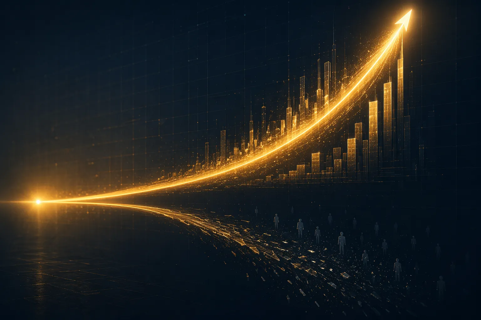 Abstract amber lines diverging from a single origin point, one rising steeply and one thinning downward as a metaphor for AI wealth decoupling
