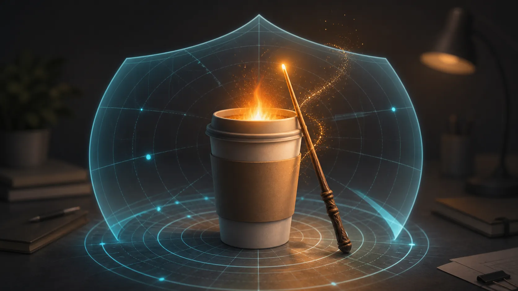 Coffee cup and magic wand inside a digital brand safety shield, showing risk already inside the creative