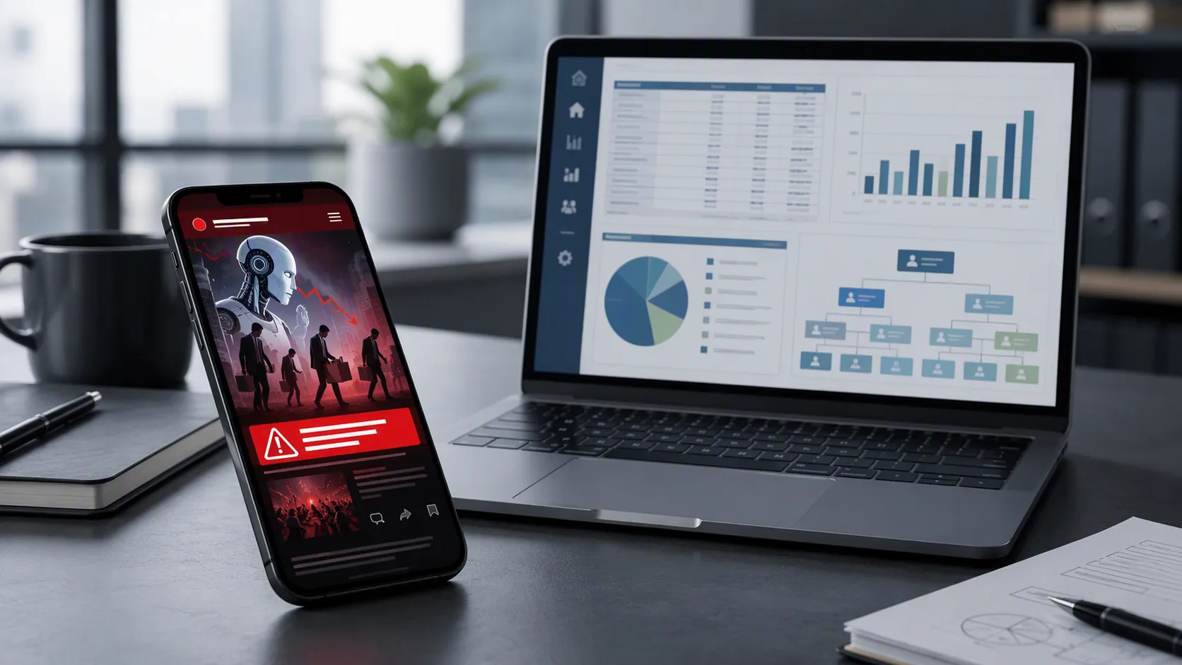 Smartphone with a dramatic news alert beside a laptop showing organizational charts and data spreadsheets