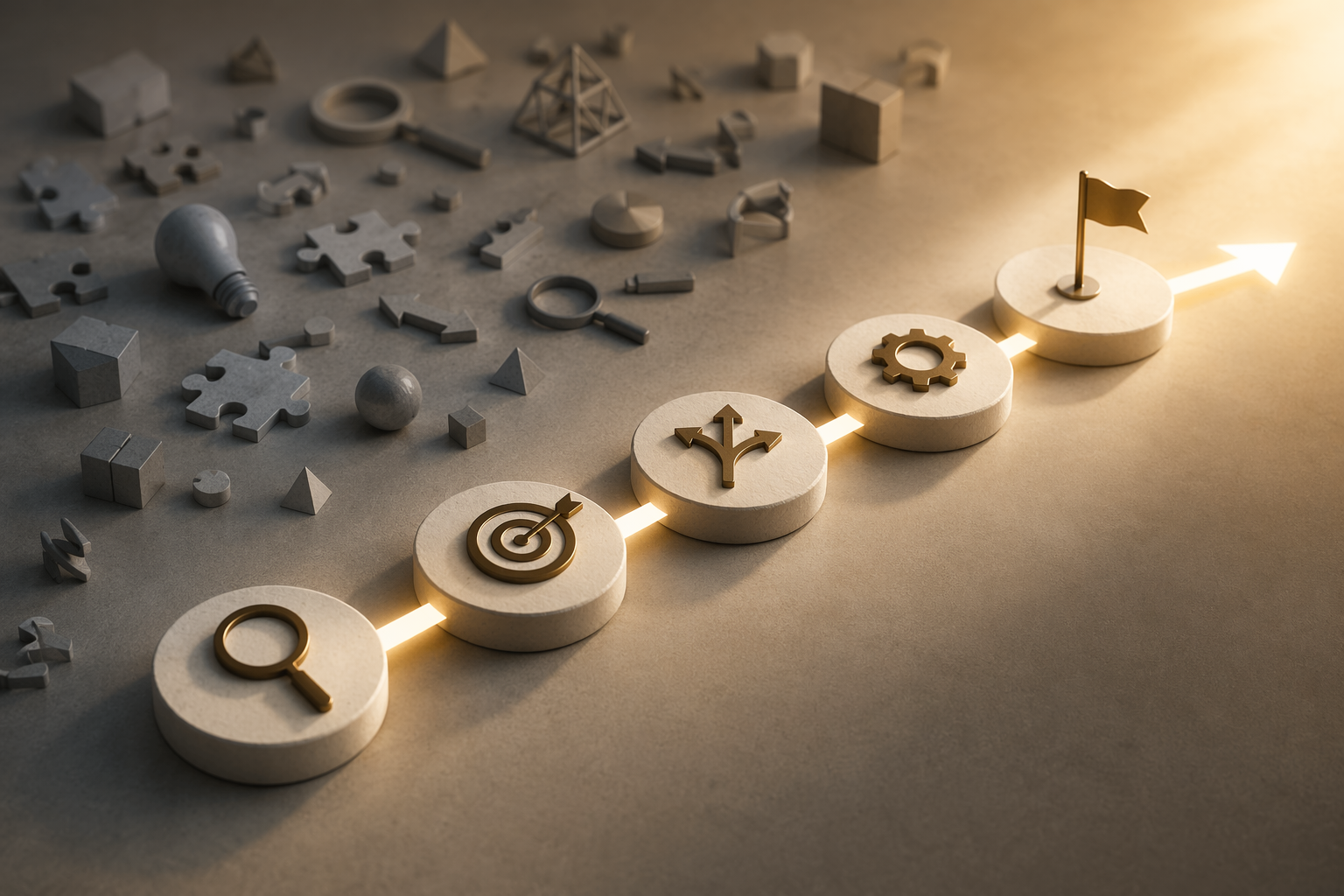 Five sequential decision points forming an ordered path through a professional space while disconnected tool icons fade into the background