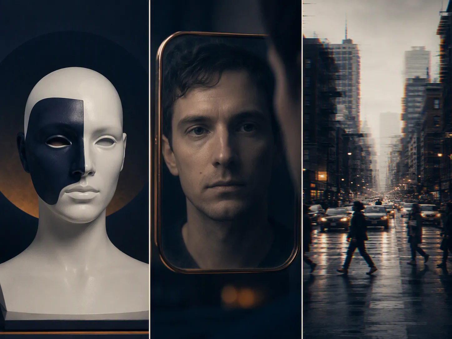 Three panels showing a synthetic performer, real-person digital replica, and AI scene that appears authentic