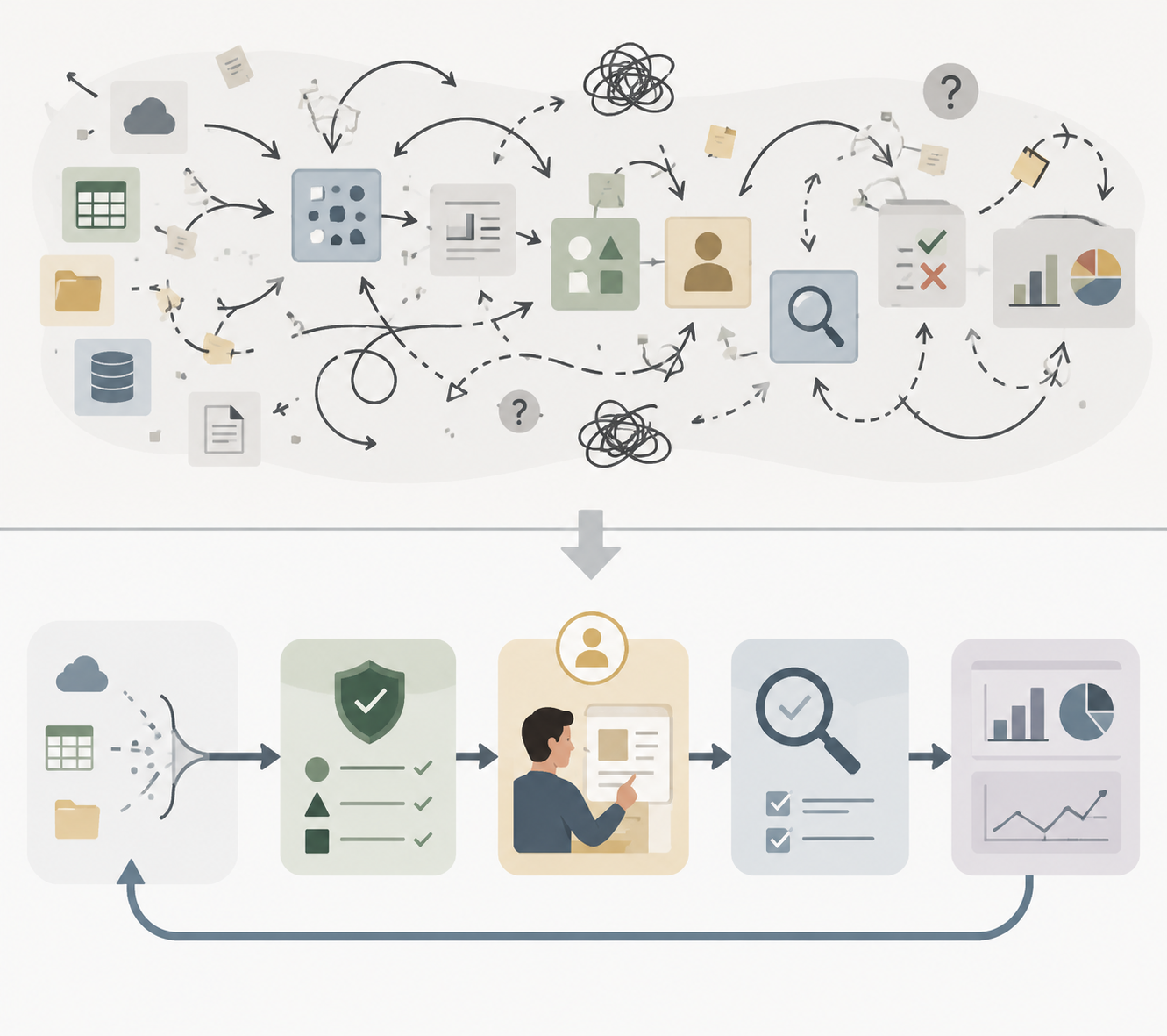 Comparison of a chaotic AI content process and a structured pipeline with quality control gates