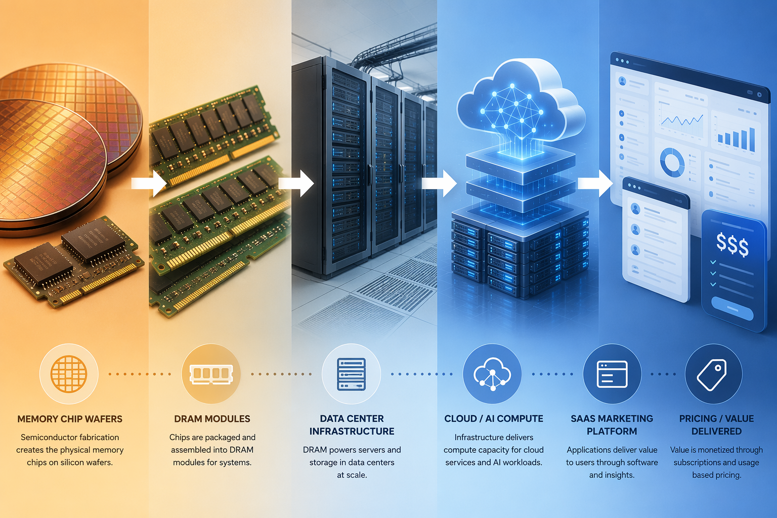 Cost pass-through chain from DRAM and data centers to AI compute and marketing SaaS pricing