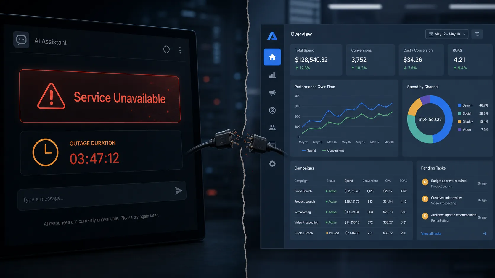 A service unavailable screen connected to a busy digital advertising dashboard with campaign charts and spend metrics