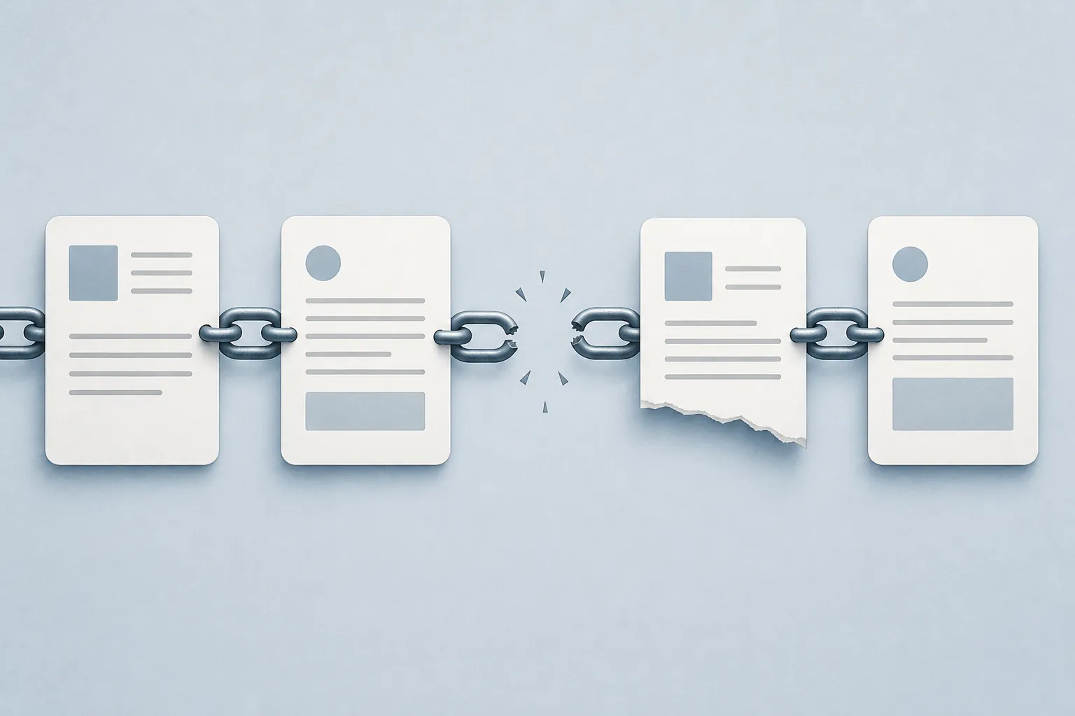 A chain of source documents with a broken link and a final document cut off at the bottom