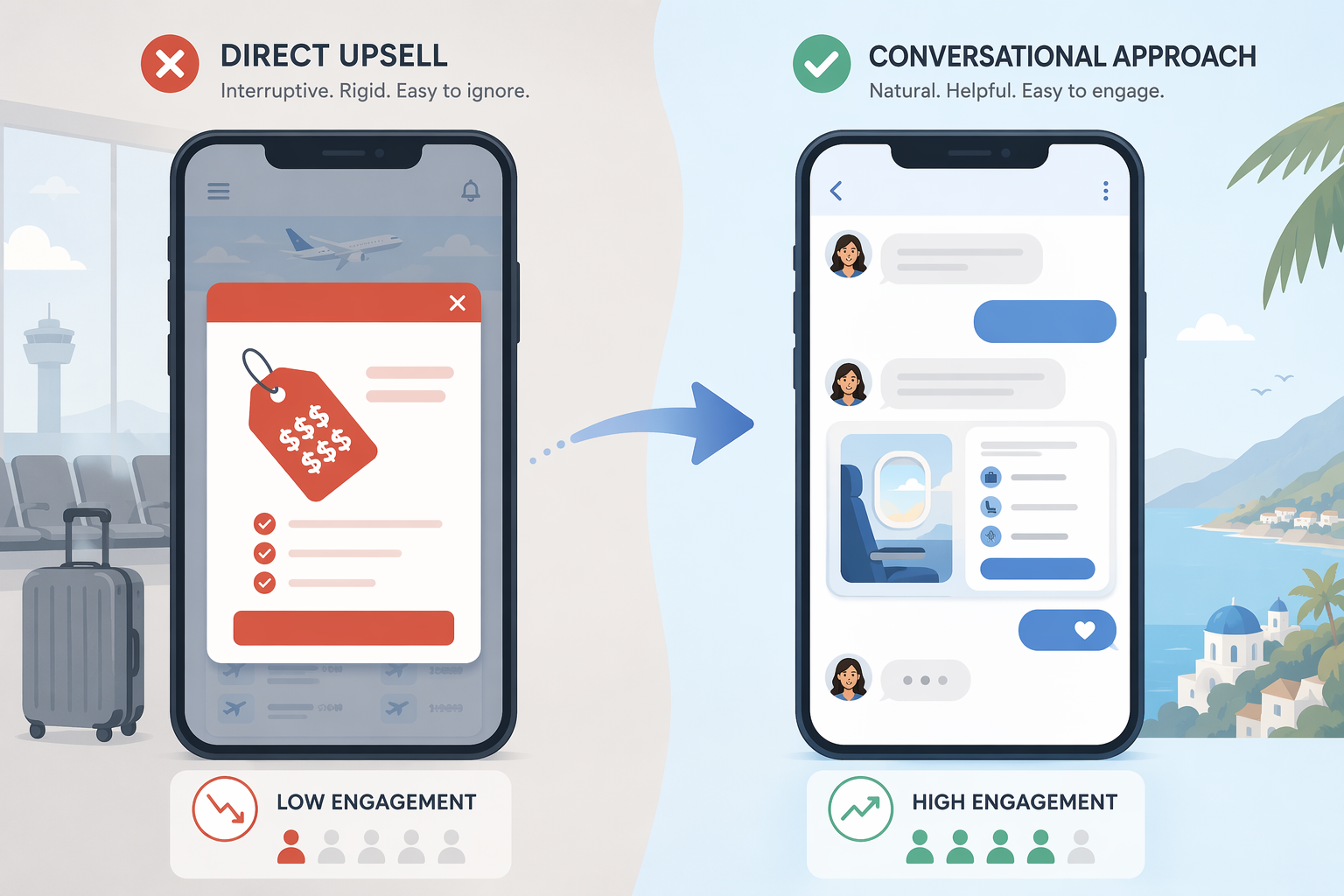 Comparison of a rigid banner upsell and a conversational chat-style offer on a phone screen