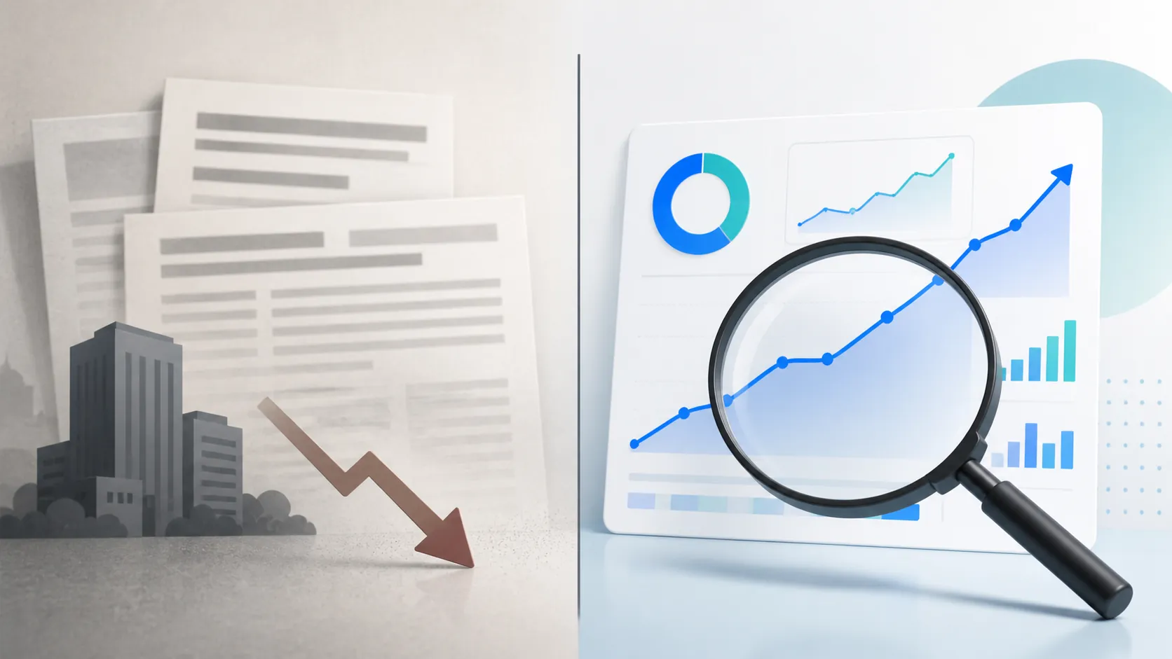 Editorial illustration contrasting job-cut headlines with an analytics dashboard under review