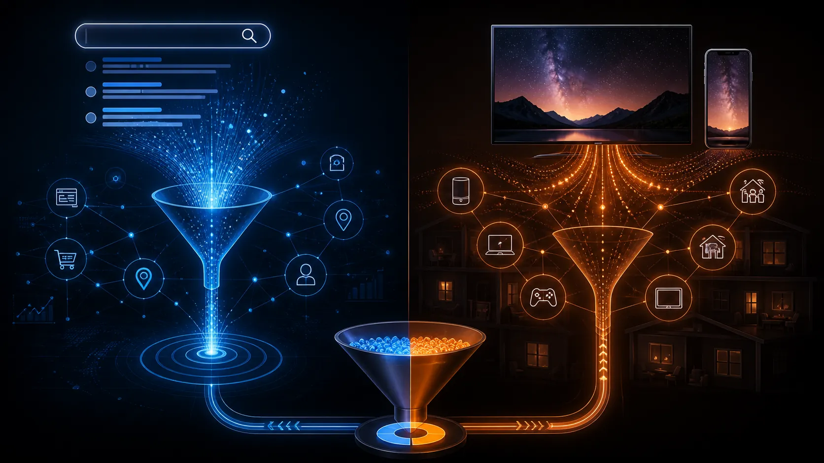 Split-screen comparison of Google's search-intent AI ad ecosystem and Samsung's TV plus mobile exposure-focused AI ad ecosystem