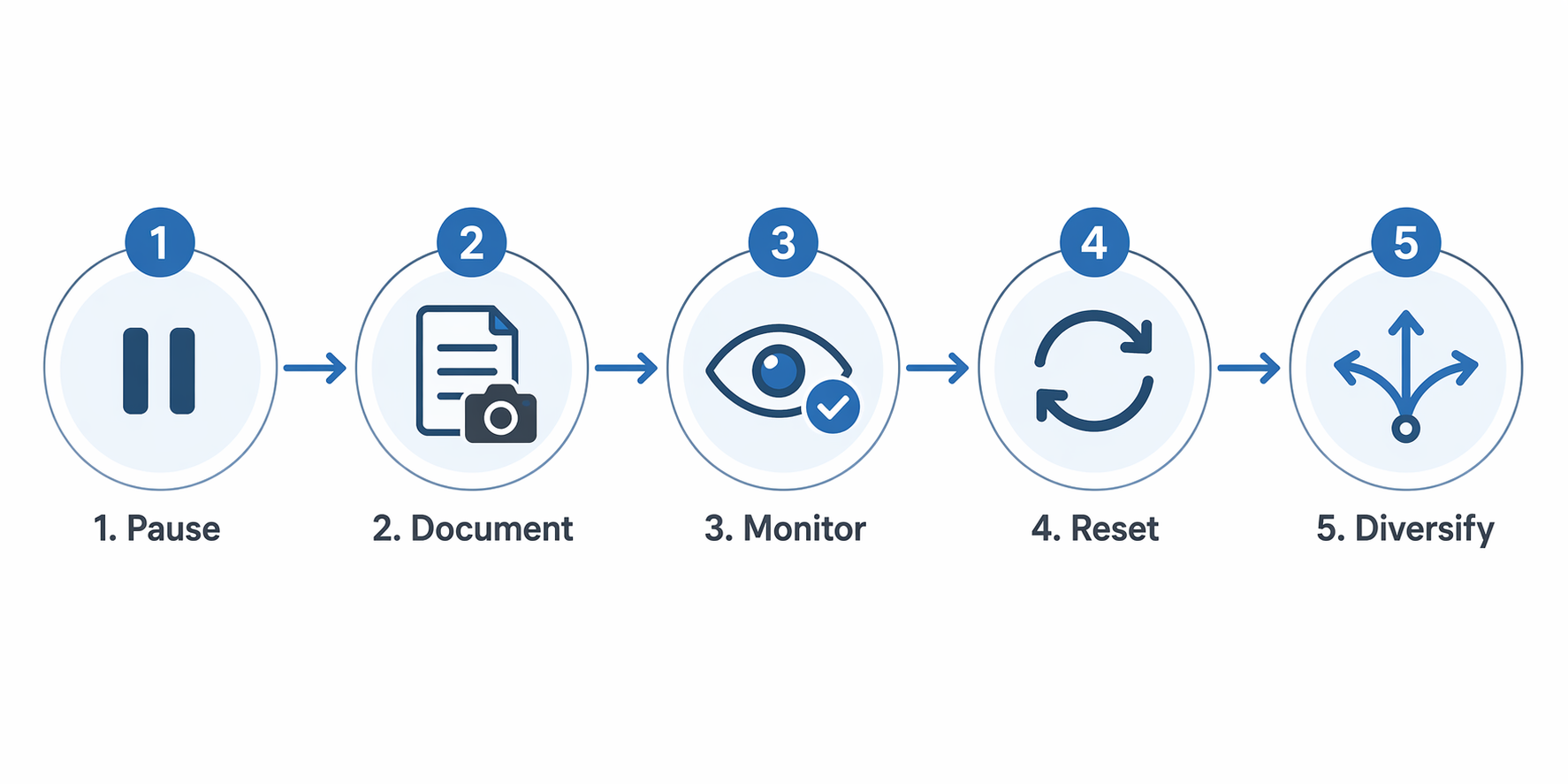 Five-step outage response flow: Pause, Document, Monitor, Reset, Diversify