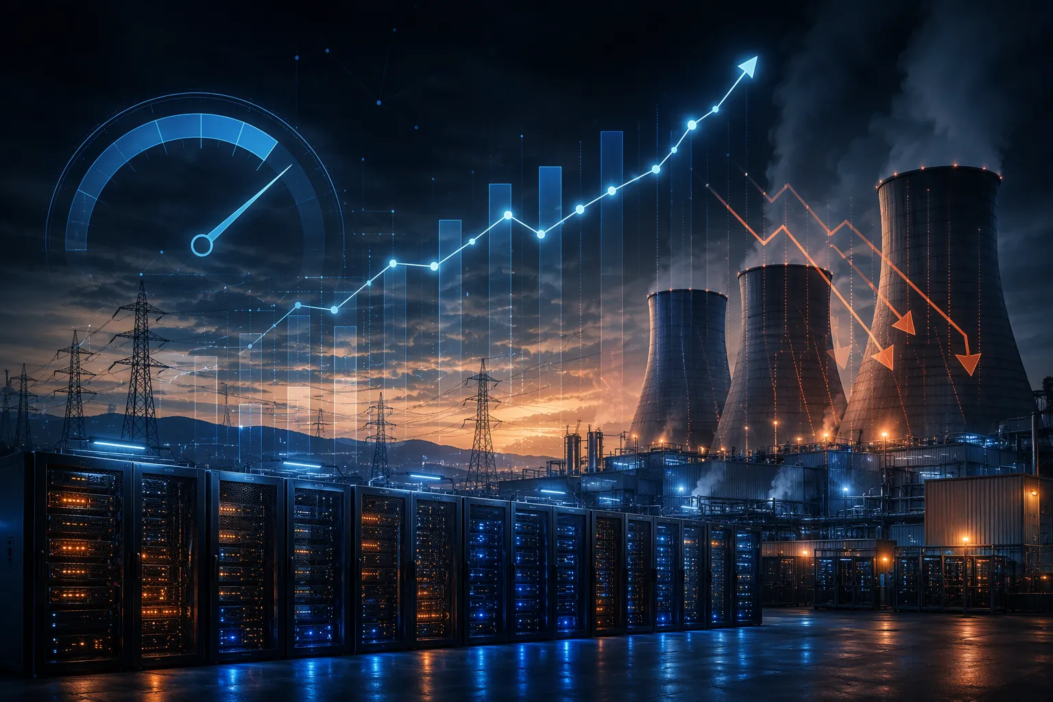 Abstract server racks and cooling towers with CPM, ROAS, and cost-pressure indicators above AI data center infrastructure