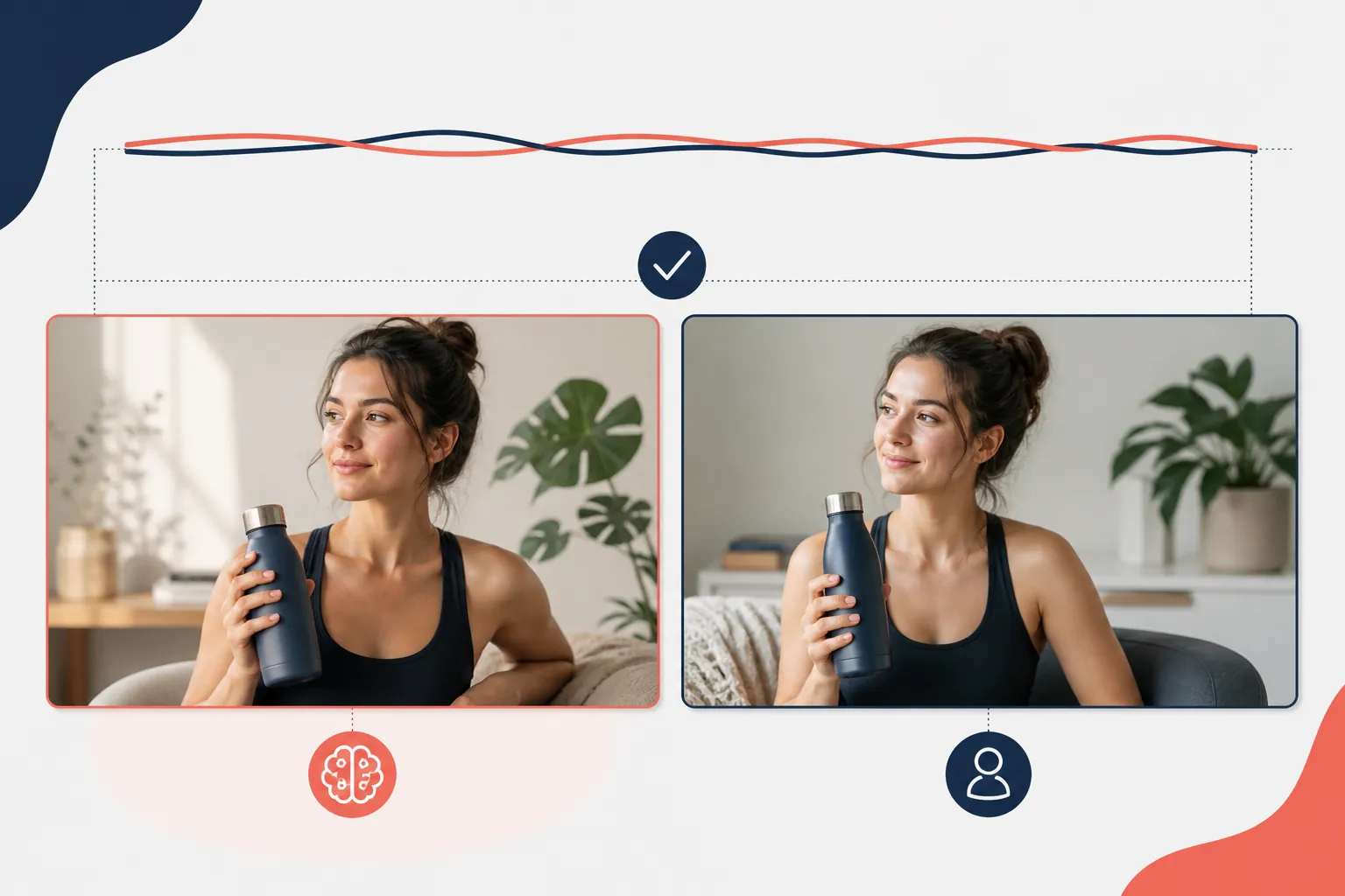 Matched AI and human ad cards with flat overlapping performance lines