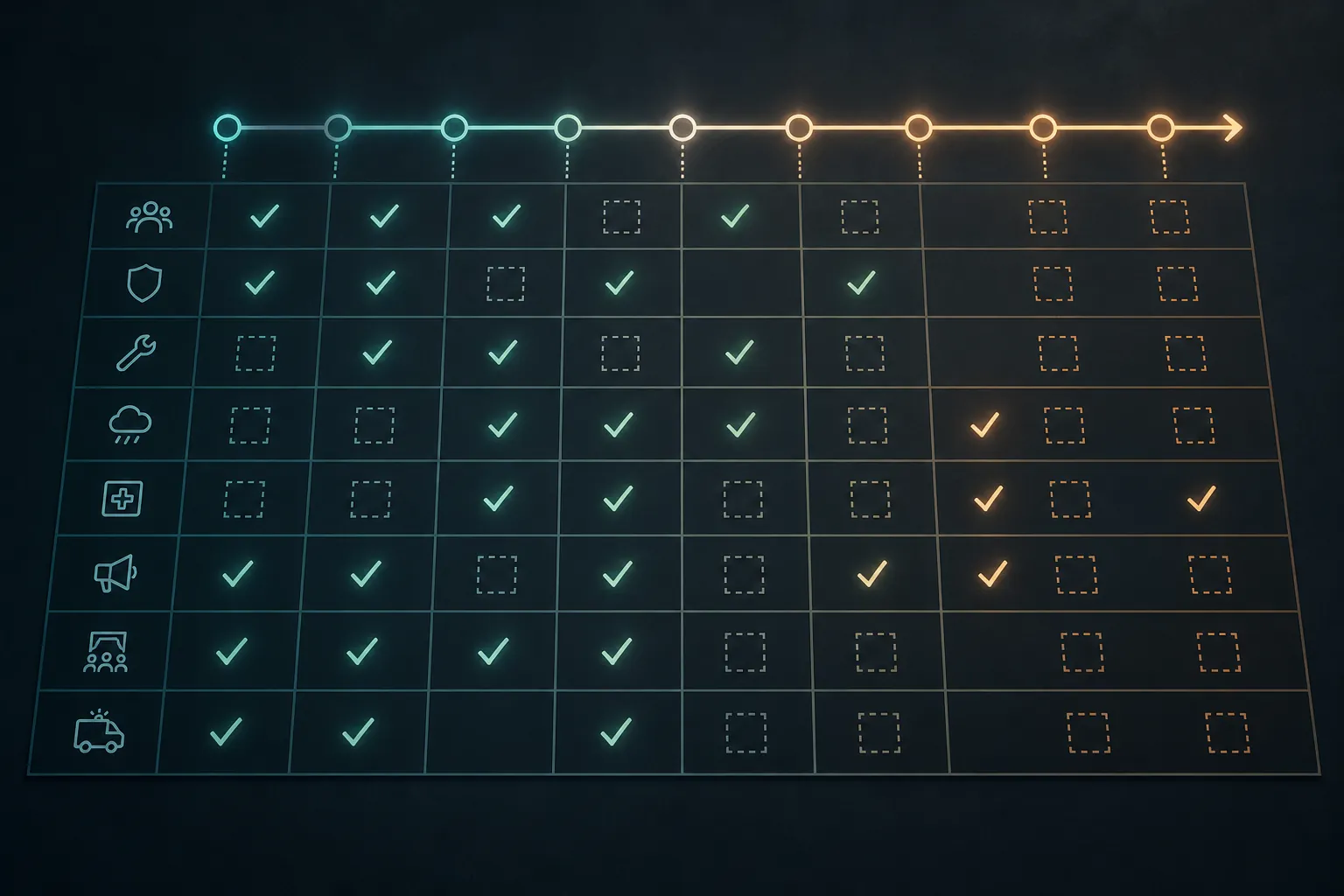 Abstract audit ledger with checked and unresolved cells along a glowing timeline
