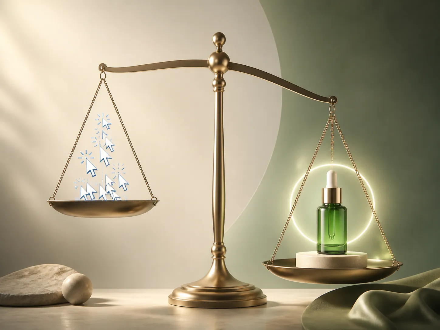 Balance scale weighing click icons against a premium skincare vial