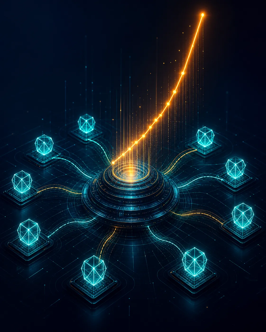 Automated ad auction with agent nodes competing around a central platform and a steep rising price curve