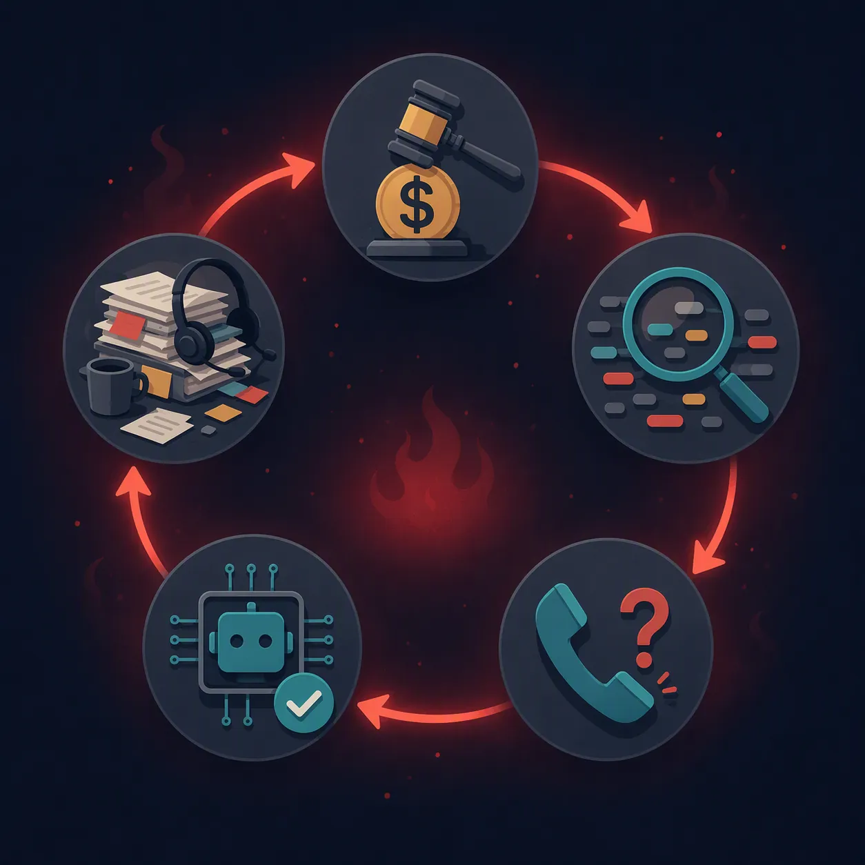Circular warning diagram showing legal PPC cost, keyword matching, questionable calls, AI optimization, and intake workload