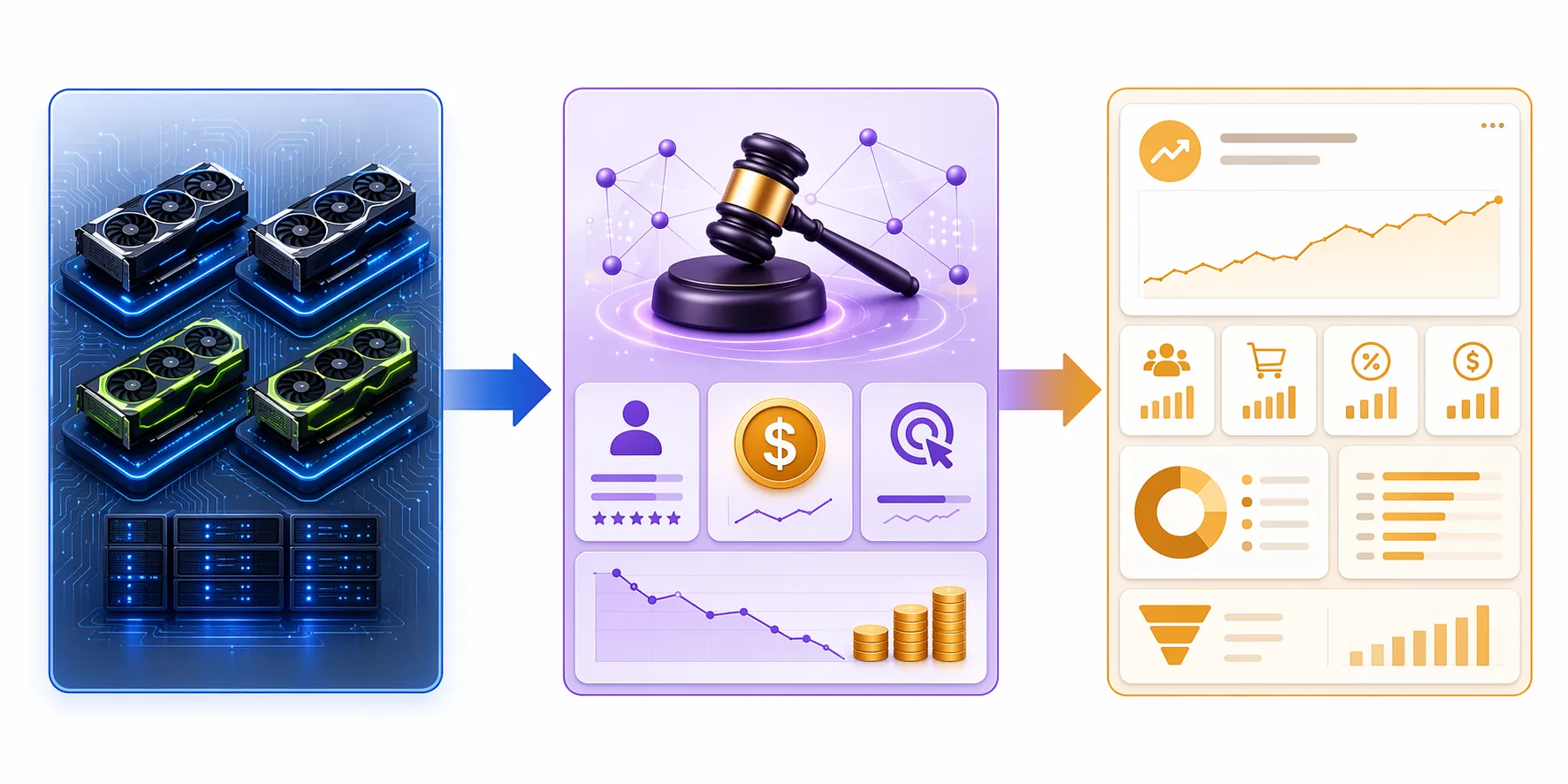 Flow from GPU clusters through an ad auction layer into an Advantage+ campaign dashboard