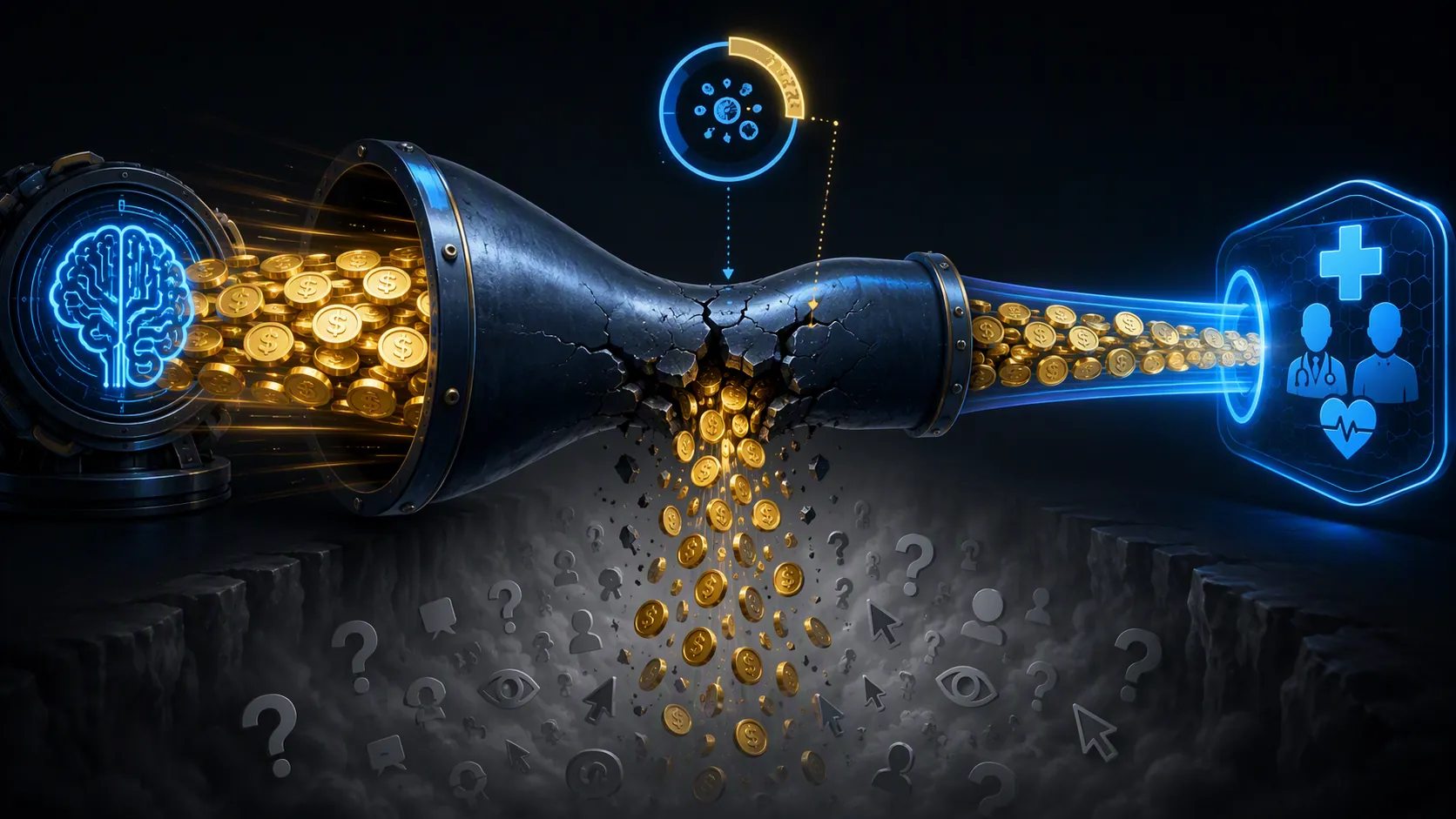 Dark pipeline diagram showing coins leaking from an automated bidding flow into a grey void