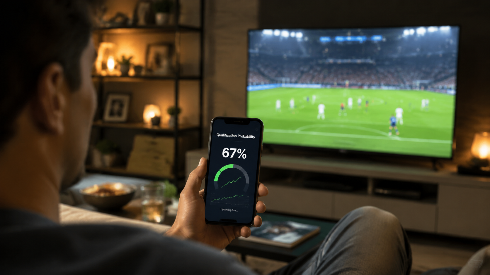 Viewer watching a football match while checking live qualification probability on a smartphone