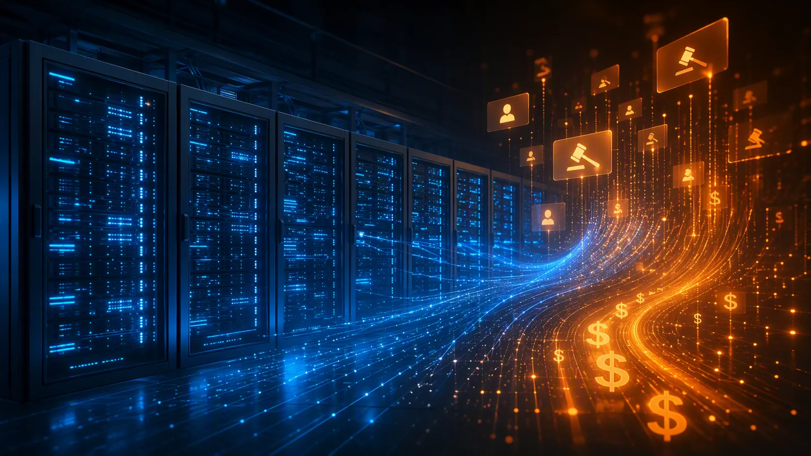 Data center racks with abstract ad auction signals rising through computational infrastructure