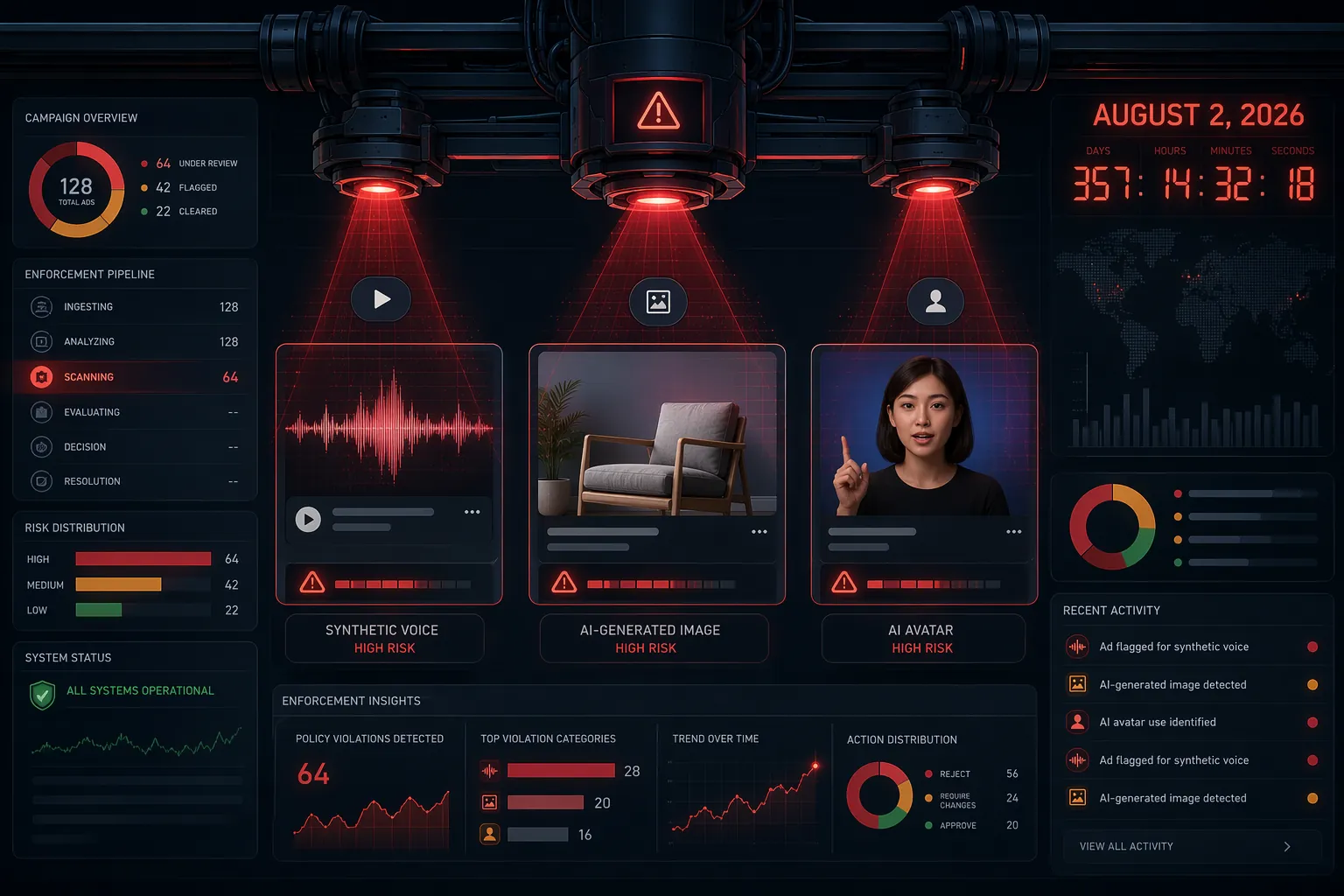 Digital ad campaign dashboard being scanned for AI-generated creative ahead of the August 2, 2026 deadline