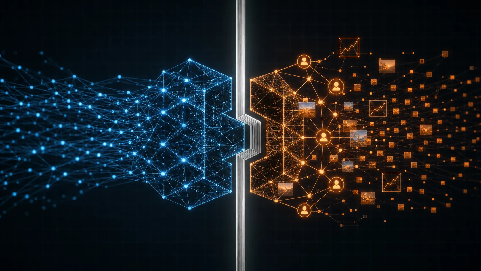 Blue neural-network lattice and orange ad targeting nodes separated by a thin vertical barrier