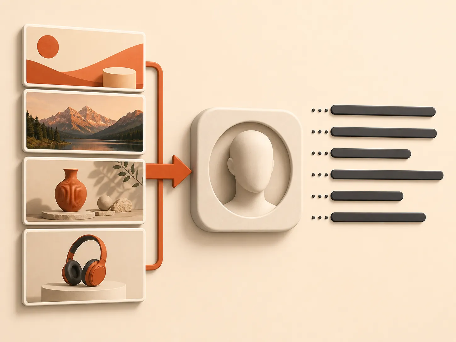 Creative images and product shots entering a model core with only text bars coming out