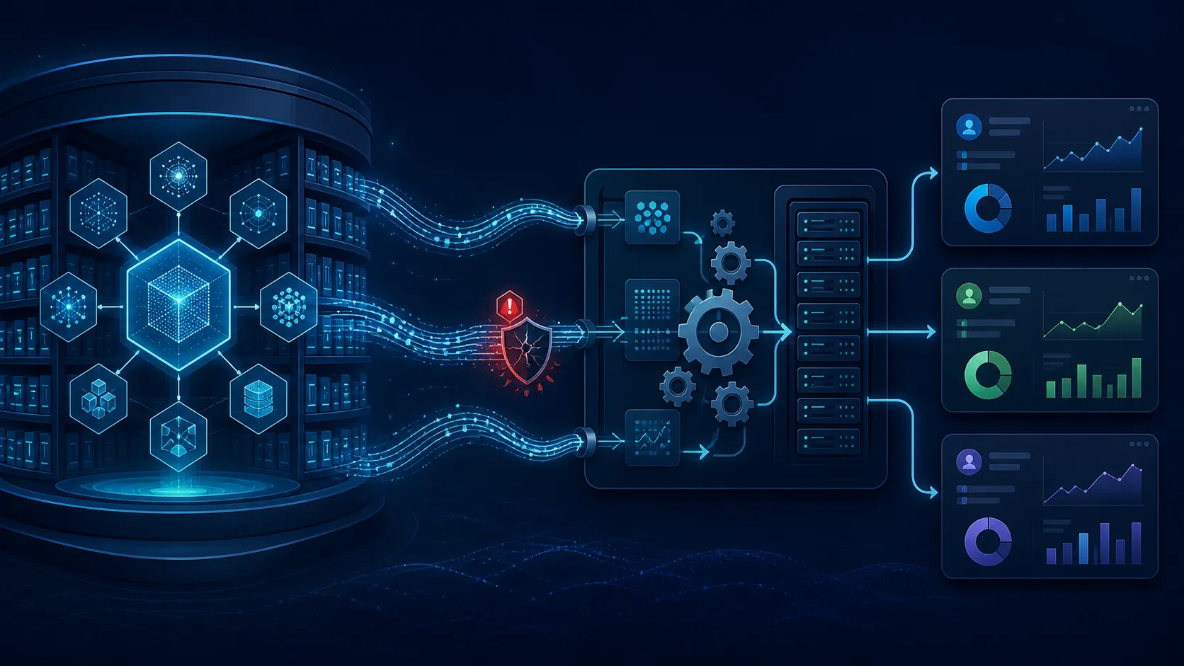 AI supply chain feeding an advertising automation pipeline with a hazard marker at the dataset entry point