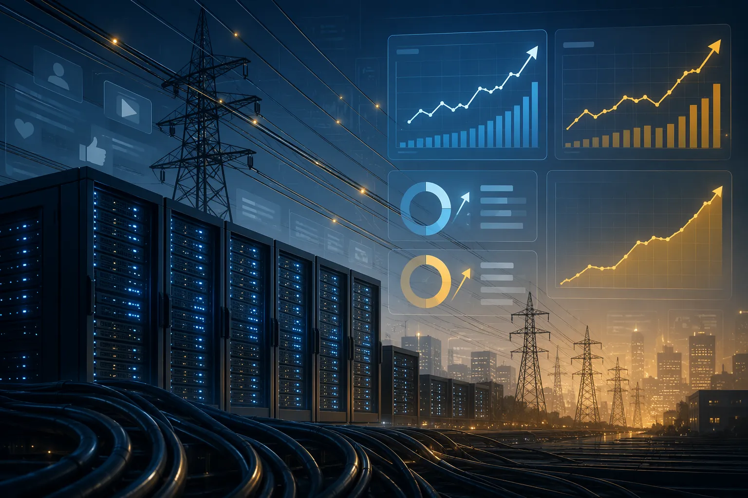 Data center server racks, power cables, transmission lines, and advertising dashboards with rising CPC and CPM charts