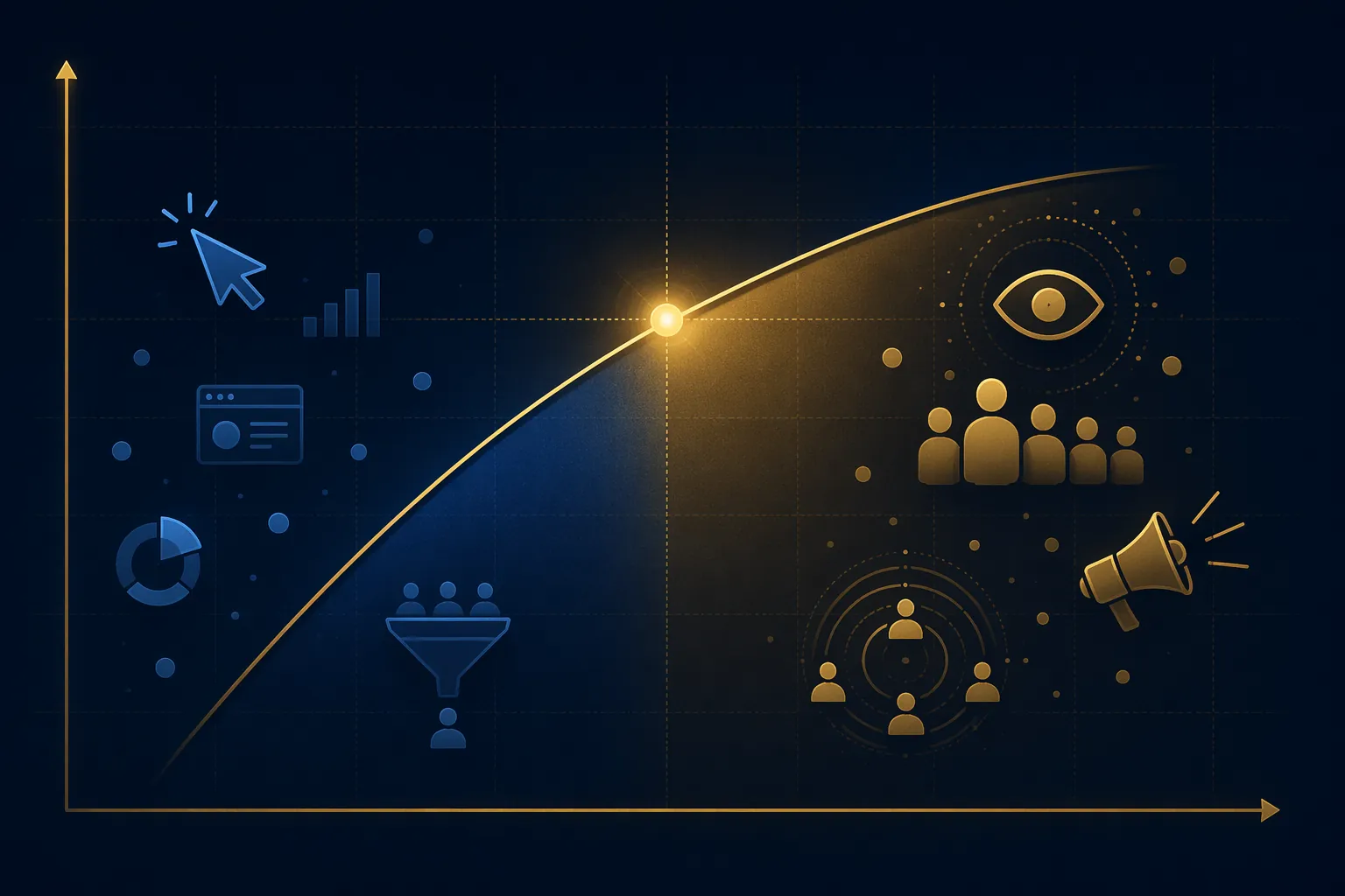 Efficient frontier curve showing brand and performance marketing icons converging at an optimal point