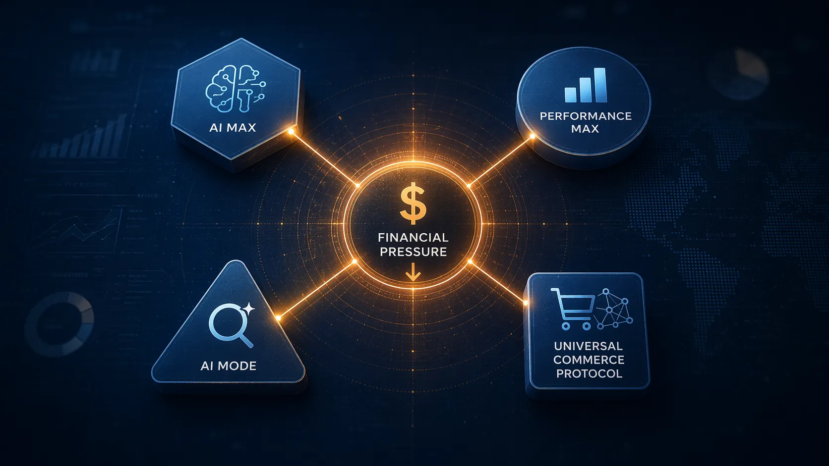 Platform nodes for AI Max, Performance Max, AI Mode, and Universal Commerce Protocol connected to a central financial pressure point