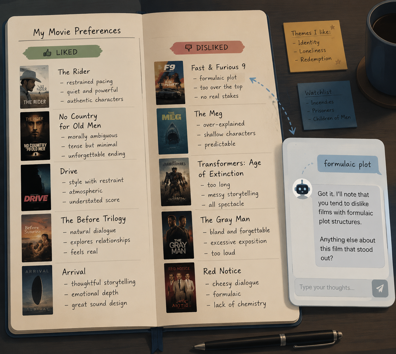 Personal movie preference tracking document with liked and disliked films annotated by written reasons