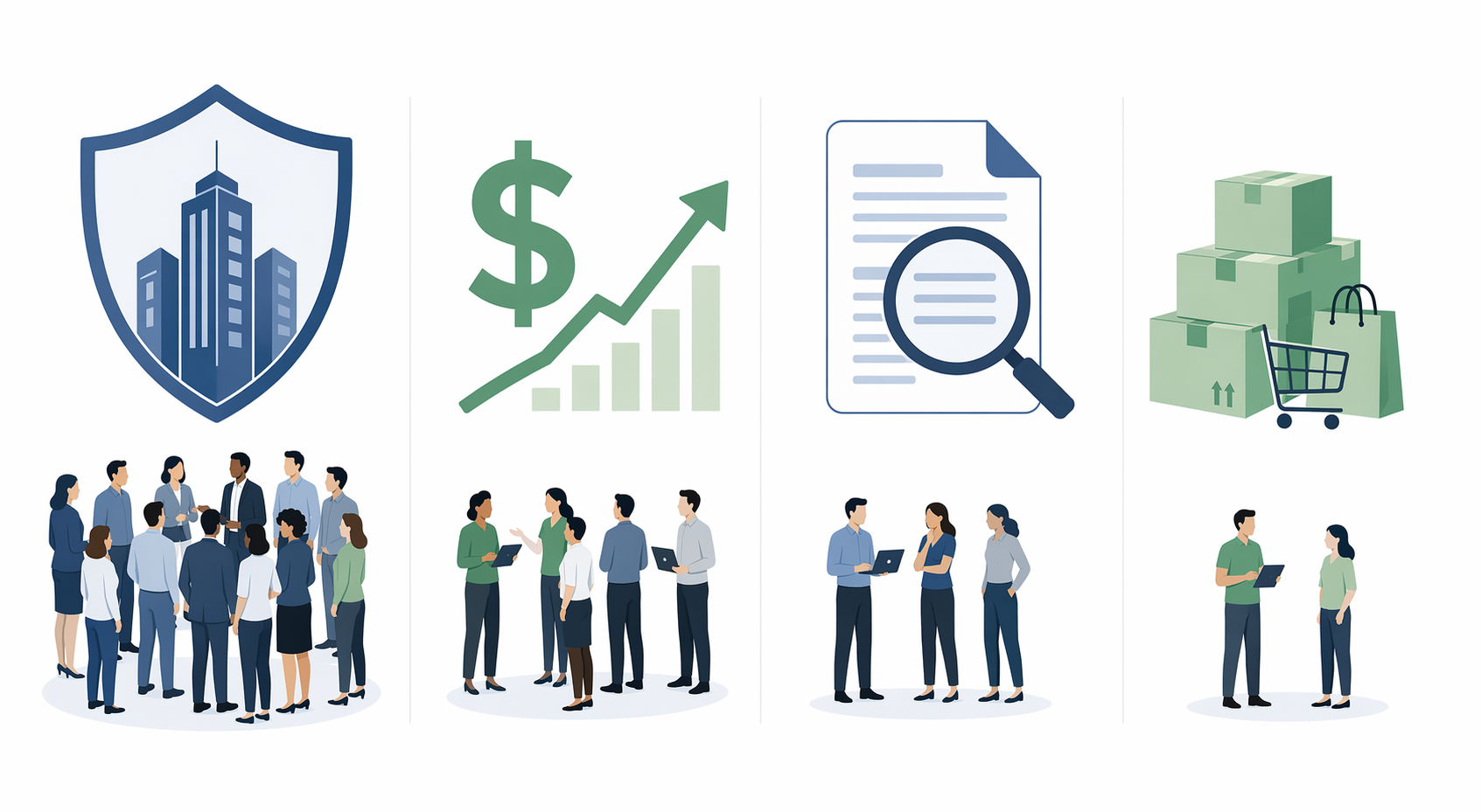Four-column infographic comparing enterprise governance, performance marketing, SEO publishing, and ecommerce catalog AI content tools