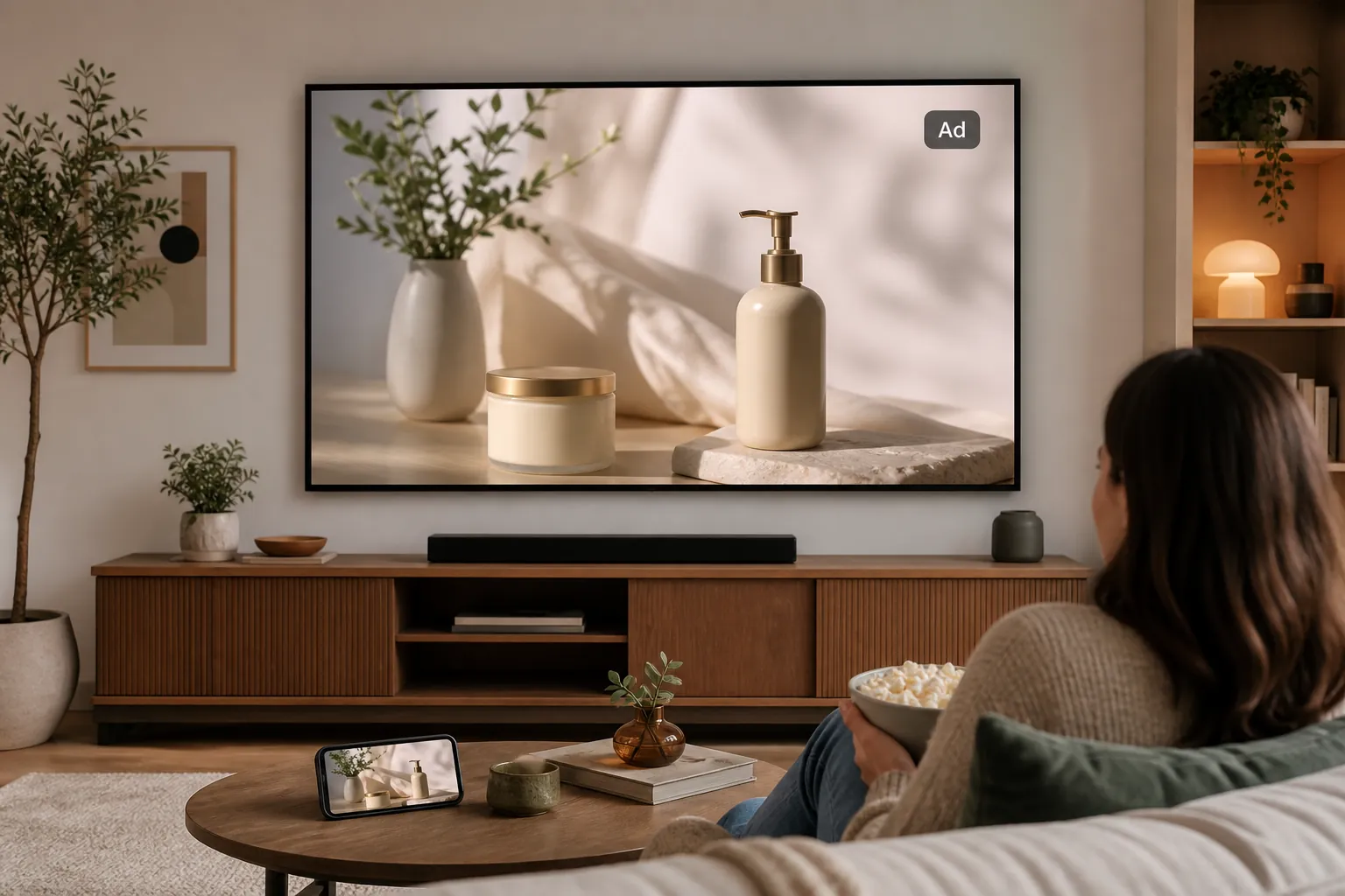Living room with a TV and phone showing an abstract ad-supported streaming break