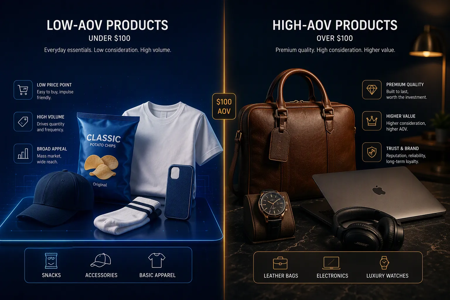 Split editorial visual marking the $100 AOV divide between AI-styled low-consideration products and warmer photographic premium products