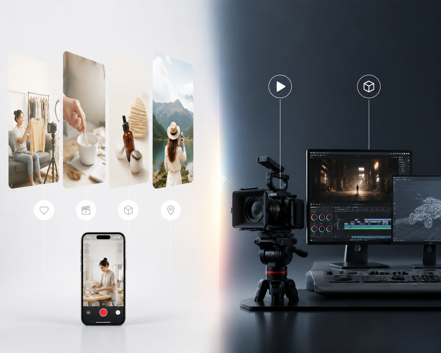 A comparison visual showing a smartphone suited to social video and product shoots beside a professional camera and workstation for heavier production