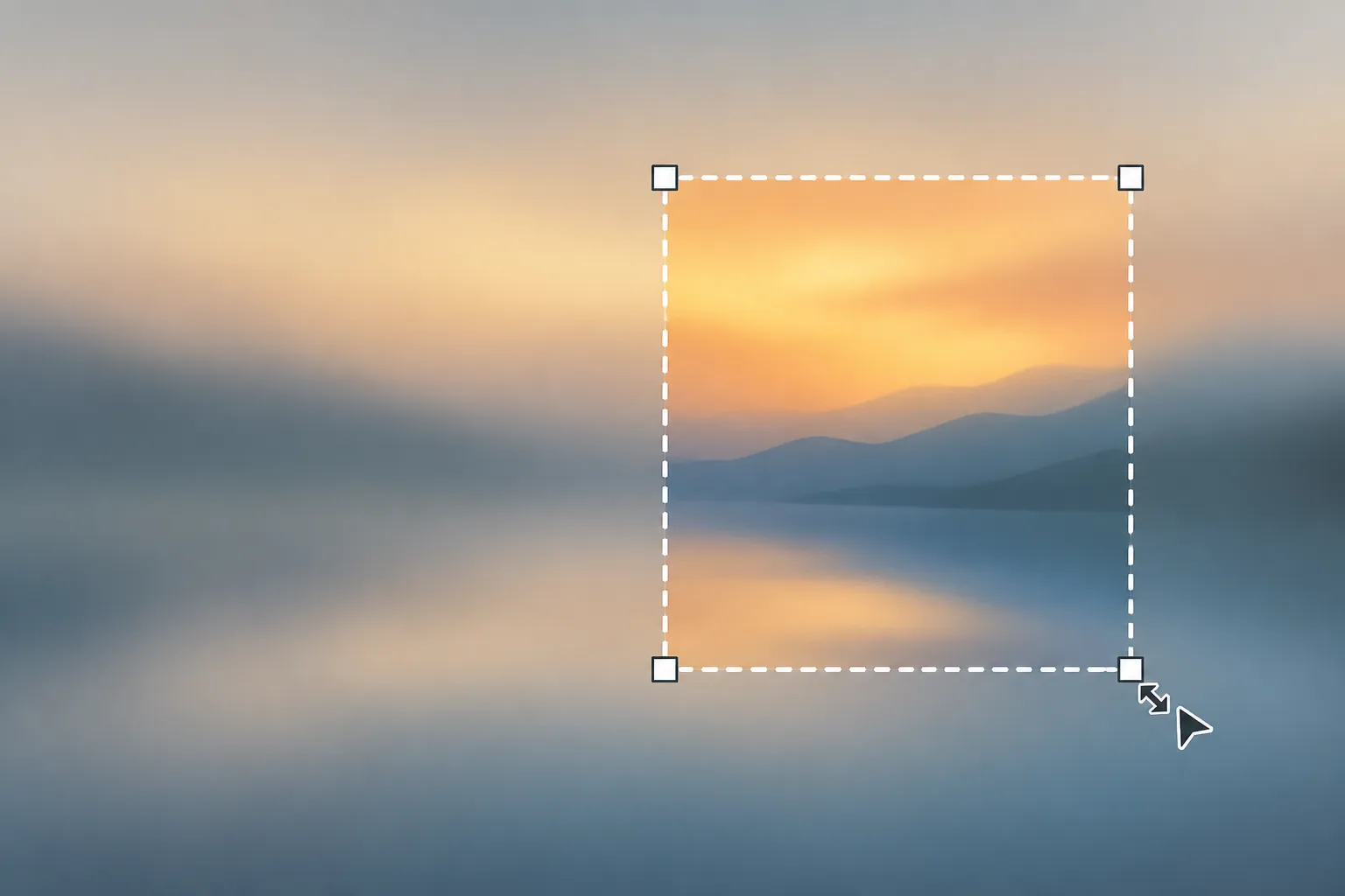 Abstract image canvas with a selected region and editing handles for localized AI image editing